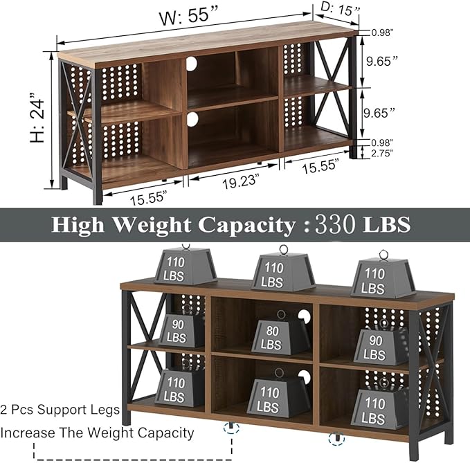 LVB Rustic Entertainment Center for 65 Inch TV, Industrial Wood and Metal TV Stand with Storage Shelf, Modern Television Media Console Table with Cabinet for Living Room Bedroom, Rustic Oak, 55 Inch - LeafyLoom