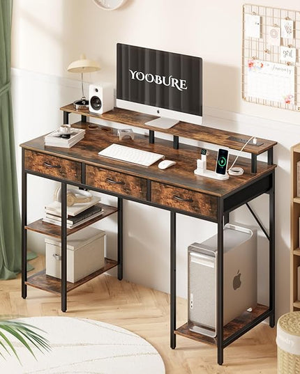 Yoobure Computer Desk with Drawers, Office Desk with LED Lights & Outlets, Small Desk with Storage Shelves, Gaming Desk 48" Home Office Desks with Monitor Stand, Writing Desk for Bedroom Small Spaces - LeafyLoom