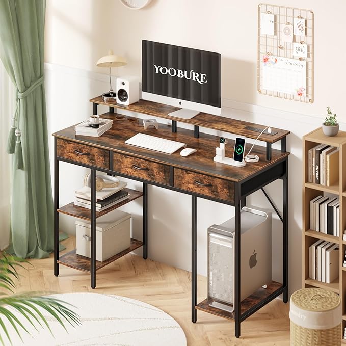 Yoobure Computer Desk with Drawers, Office Desk with LED Lights & Outlets, Small Desk with Storage Shelves, Gaming Desk 48" Home Office Desks with Monitor Stand, Writing Desk for Bedroom Small Spaces - LeafyLoom