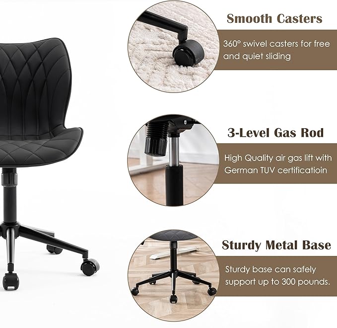 YOUNUOKE Office Desk Chair, Comfy Home Office Chairs, Small Comfortable Desk Chairs with Wheels, Armless PU Leather Chairs for Computer Conference, Black - LeafyLoom