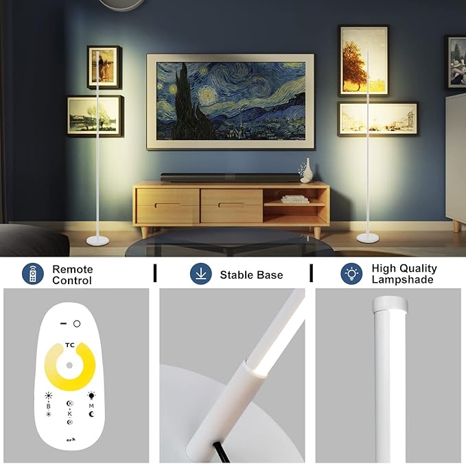 Modern Corner Floor Lamp - 3000K-6000K LED Standing Lamp - Minimalist Dimmable Floor Lamp with Remote Control for Living Room, Bedroom (White) - LeafyLoom