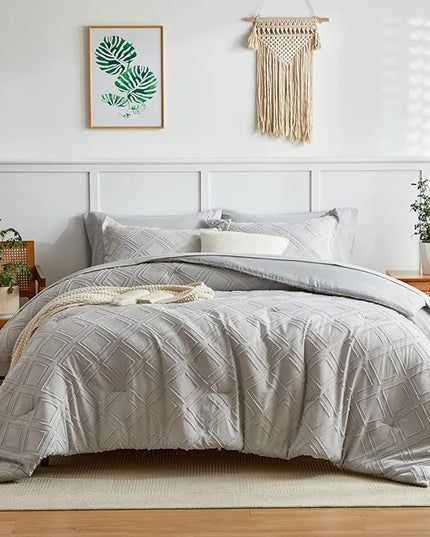 7 Pieces Tufted Bed in a Bag King Comforter Set with Sheets Light Grey, Soft and Embroidery Shabby Chic Boho Bohemian, Solid Color with Diamond Pattern, Jacquard Tufts Bedding Set for All Season - LeafyLoom