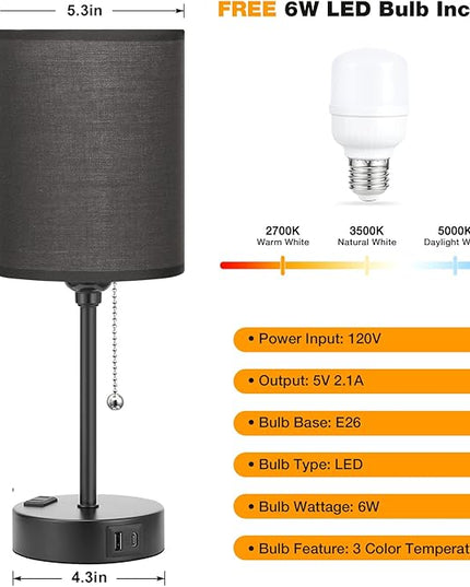 Dicoool Black Bedroom Lamps 3 Color Temperatures - 2700K 3500K 5000K Small Bedside Lamps with USB C and A Ports, Pull Chain Table Lamps with AC Outlet, Black Nightstand Lamps for Kids Sleeping - LeafyLoom