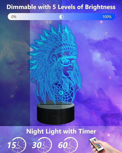 Native American Gifts, 3D Figure Night light Illusion Lamp for Home Decor and Room Decorations, Creative Birthday Xmas Holiday Gifts with 16 Colors Changing & Remote Control & Dimmable Function - LeafyLoom