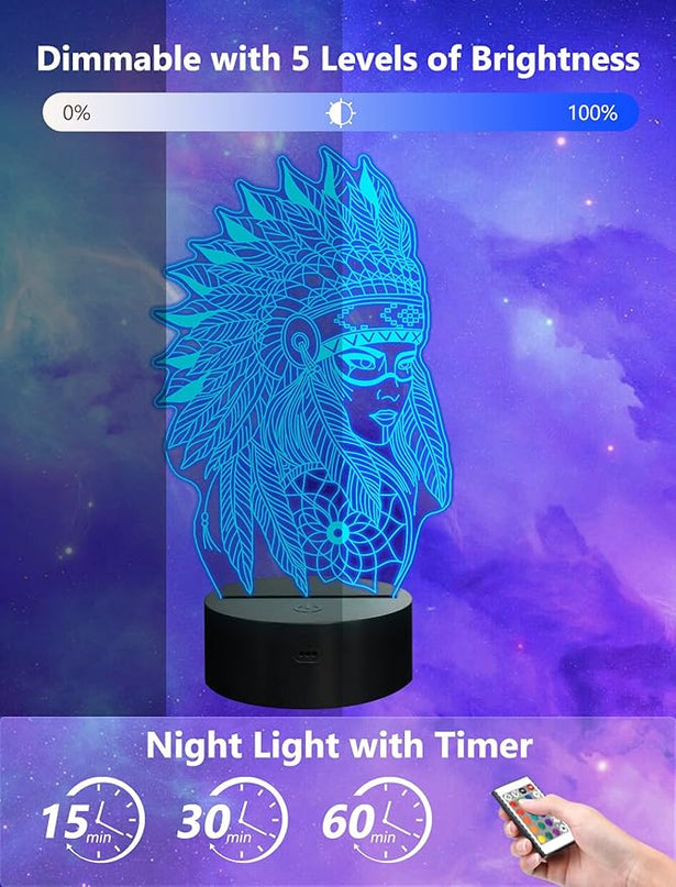 Native American Gifts, 3D Figure Night light Illusion Lamp for Home Decor and Room Decorations, Creative Birthday Xmas Holiday Gifts with 16 Colors Changing & Remote Control & Dimmable Function - LeafyLoom