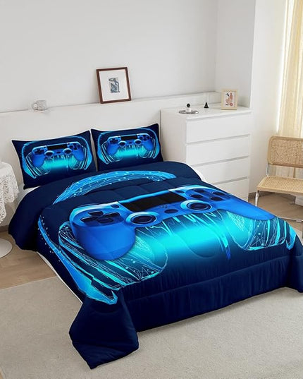Gamer Comforter Set Full Size,Blue Headphones Musical Design Games Gamepad Bedding Set for Kids Boys Video Game Room Decor Retro Playing Gamer Down Comforter Gaming Controller Quilted Duvet Set - LeafyLoom