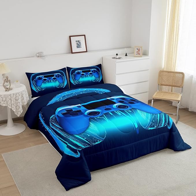 Gamer Comforter Set Queen Size,Blue Headphones Musical Design Games Gamepad Bedding Set for Kids Boys Video Game Room Decor Retro Playing Gamer Down Comforter Gaming Controller Quilted Duvet Set - LeafyLoom
