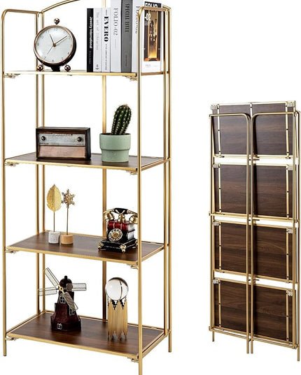 No Assembly Folding Bookshelf, 4 Tier Gold Bookshelf, Metal Book Shelf for Storage, Folding Bookcase for Office Organization and Storage, 12.6" D x 22.44" W x 55.51" H - LeafyLoom