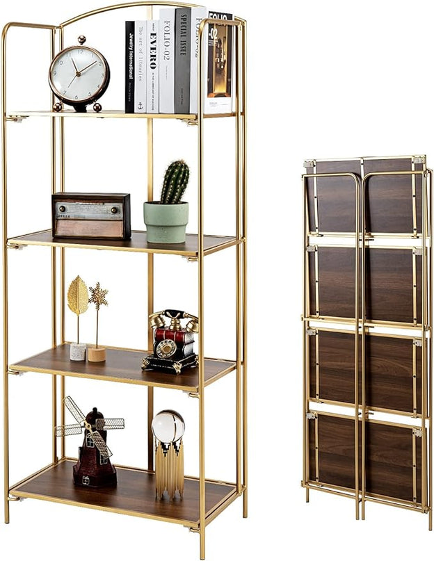 No Assembly Folding Bookshelf, 4 Tier Gold Bookshelf, Metal Book Shelf for Storage, Folding Bookcase for Office Organization and Storage, 12.6" D x 22.44" W x 55.51" H - LeafyLoom