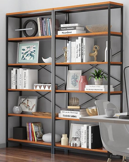 Himimi 6-Tier Bookshelf,Tall Bookcase Industrial Wood Storage Rack with Open Book Shelves,Modern Metal Standing Organizer,Vintage Deep Display Rack for Living Room, Office, Bedroom, Rustic Brown - LeafyLoom