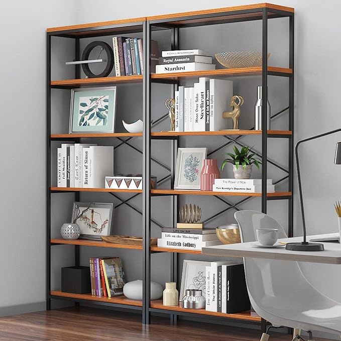 Himimi 6-Tier Bookshelf,Tall Bookcase Industrial Wood Storage Rack with Open Book Shelves,Modern Metal Standing Organizer,Vintage Deep Display Rack for Living Room, Office, Bedroom, Rustic Brown - LeafyLoom