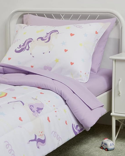 Amazon Basics 5 Piece Microfiber Kid's Bed-in-a-Bag Bedding, Toddler, Unicorn Print - LeafyLoom