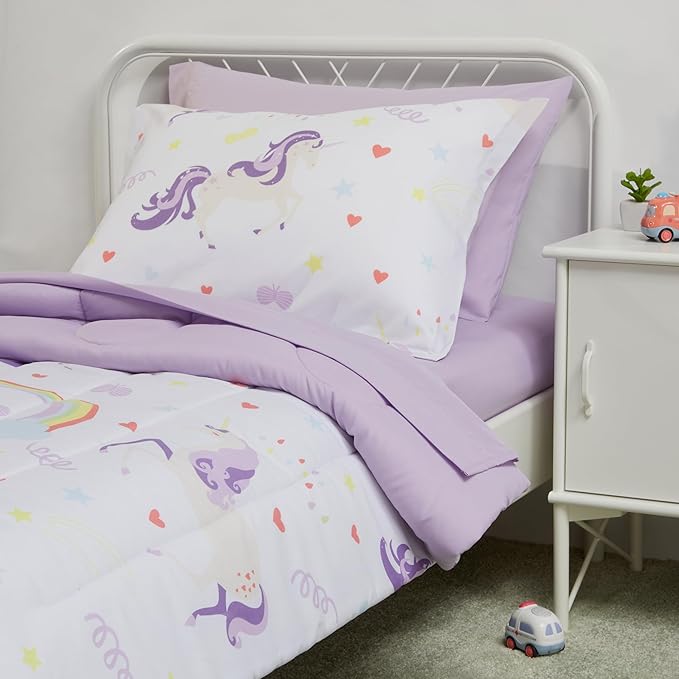 Amazon Basics 5 Piece Microfiber Kid's Bed-in-a-Bag Bedding, Toddler, Unicorn Print - LeafyLoom