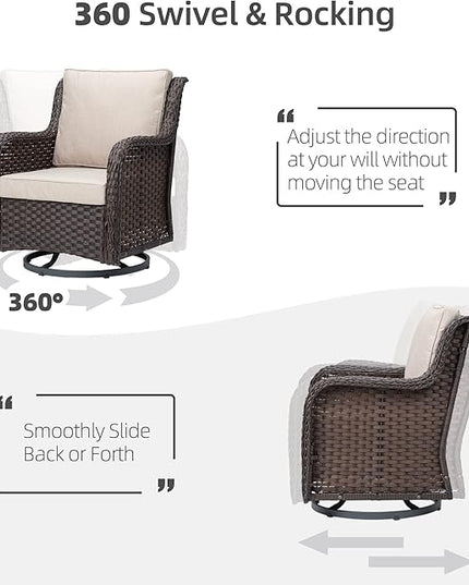IDEALHOUSE 3 Pieces Outdoor Wicker Swivel Rocker Patio Set, 360-Degree Swivel Rocking Chair Elegant Wicker Patio Bistro Set with Tempered Glass Top Side Table (Apricot) - LeafyLoom