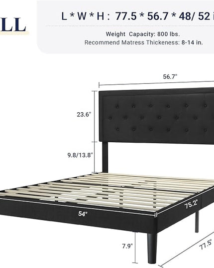 Allewie Full Size Bed Frame Upholstered Platform Bed with Adjustable Headboard, Button Tufted, Wood Slat Support, Easy Assembly, Black - LeafyLoom