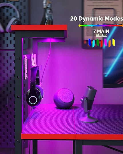 Bestier Gaming Desk with LED Lights, Computer Desk with 4 Tiers Reversible Shelves, 51.3 Inch gamer desk with Side Storage Bag, Hooks and Height Adjustable Shelf (Black Carbon Fiber) - LeafyLoom