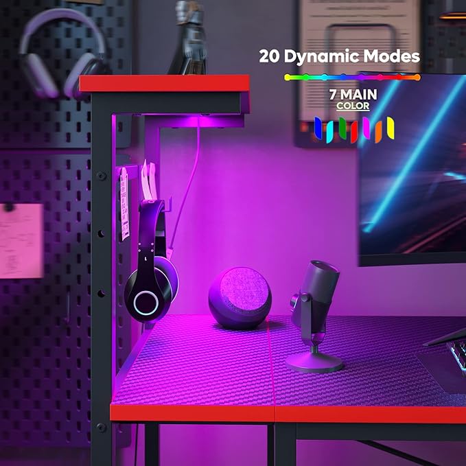 Bestier Gaming Desk with LED Lights, Computer Desk with 4 Tiers Reversible Shelves, 51.3 Inch gamer desk with Side Storage Bag, Hooks and Height Adjustable Shelf (Black Carbon Fiber) - LeafyLoom