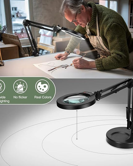 5X Magnifying Glass with Light and Stand, Upgrade Button 5 Color Modes Stepless Dimmable, 2-in-1 LED Lighted Magnifier Light, Hands Free Desk Lamp with Clamp for Craft Hobby Reading Close Work - LeafyLoom