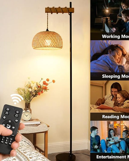 Boho Floor Lamp with Remote, Farmhouse Dimmable Rattan Standing Lamp with Smart Blub, Bamboo Lampshade, App Control, Wood Black Tall Lamp for Living Room Bedroom Office, 9W LED Bulb Included - LeafyLoom