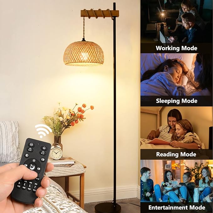 Boho Floor Lamp with Remote, Farmhouse Dimmable Rattan Standing Lamp with Smart Blub, Bamboo Lampshade, App Control, Wood Black Tall Lamp for Living Room Bedroom Office, 9W LED Bulb Included - LeafyLoom