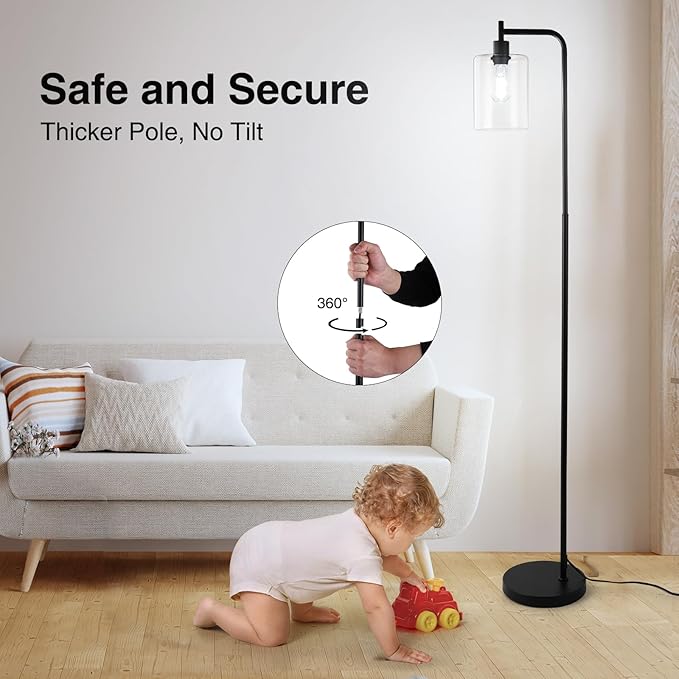 Industrial Floor Lamp, Dimmable Modern Standing Lamp with Clear Glass Shade, Black Tall Lamp with Remote & Foot Control, LED Bright Corner Lamp with 6W Bulb for Living Room Bedroom Office… - LeafyLoom