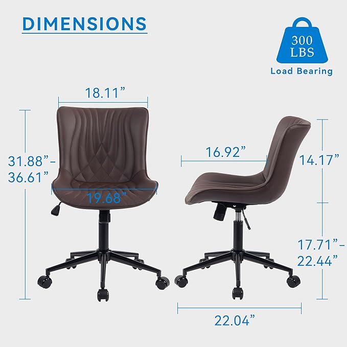 YOUNIKE Office Chair, Armless Desk Chair with Wheels, Home Office Computer Task Chairs, Modern Faux Leather Upholstered Vanity Chair, Adjustable Swivel Rocking Chair with Back, Espresso Brown - LeafyLoom