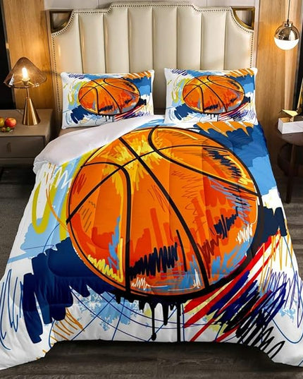 Kids Basketball Comforter Set Queen Size Boys Games Sports Theme Duvet Sets Youth Graffiti Tie Dye Bedding Set Basketball Sport Quilted Duvet with 1 Comforter and 2 Pillow Cases Colorful Orange Blue - LeafyLoom