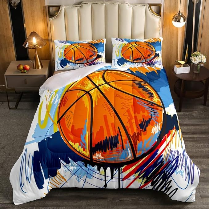 Kids Basketball Comforter Set Queen Size Boys Games Sports Theme Duvet Sets Youth Graffiti Tie Dye Bedding Set Basketball Sport Quilted Duvet with 1 Comforter and 2 Pillow Cases Colorful Orange Blue - LeafyLoom