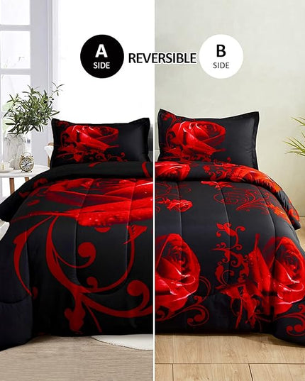Red Comforter Set Full Reversible Red Rose Pattern Printed Bedding Down Comforter with 2 Pillowcases for All Seasons, Soft Microfiber Lightweight Bedding Set,Full(80"x90") - LeafyLoom