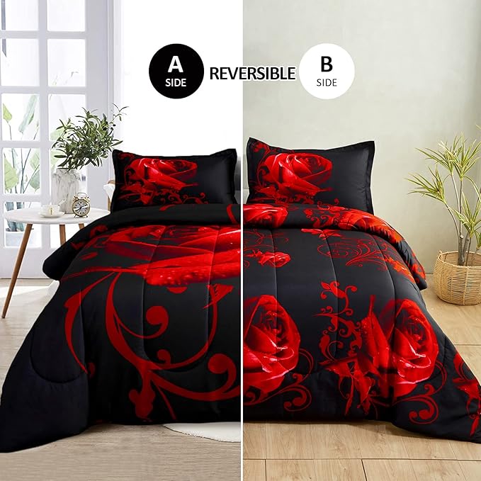 Red Comforter Set Full Reversible Red Rose Pattern Printed Bedding Down Comforter with 2 Pillowcases for All Seasons, Soft Microfiber Lightweight Bedding Set,Full(80"x90") - LeafyLoom