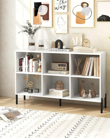 LOKO 6 Cube Bookcase, 3-Tier Floor Open Bookshelf with 5 Metal Legs, Cube Storage Organizer with Adjustable Shelves, Modern Display Shelving for Living Room, Study, Bedroom, Office (white) - LeafyLoom