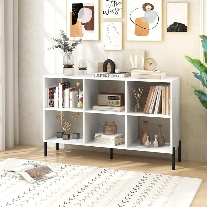 LOKO 6 Cube Bookcase, 3-Tier Floor Open Bookshelf with 5 Metal Legs, Cube Storage Organizer with Adjustable Shelves, Modern Display Shelving for Living Room, Study, Bedroom, Office (white) - LeafyLoom