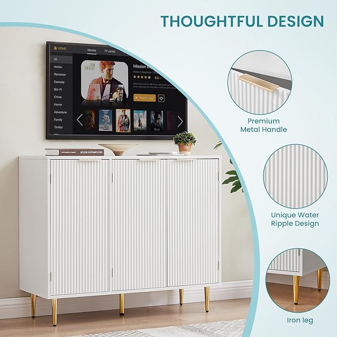 Storage Cabinet, Modern Accent Buffet Cabinet, FreeStanding Sideboard and Buffet Storage Adjustable Shelves with 3 Doors for Bedroom, Living Room, Kitchen or Hallway,White - LeafyLoom
