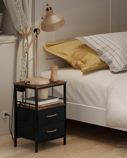 Nightstand with Charging Station, Side Table with Fabric Drawers and Open Shelf, Night Stand for Bedroom Decor, Bedside Table with USB Ports & Outlets (Rustic Brown,1) - LeafyLoom