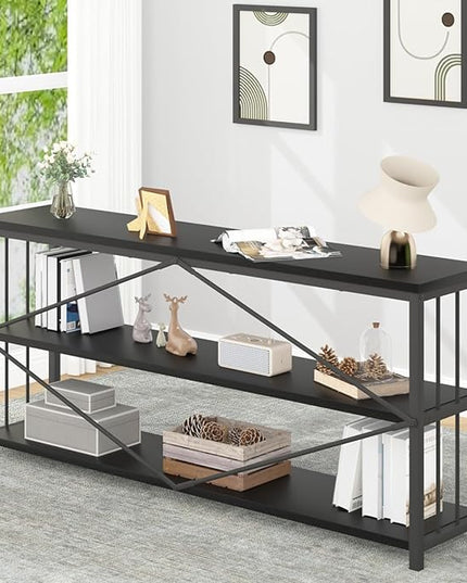 IBF 63" Black Low Horizontal Bookcase, Modern Long Wood Metal 3 Tier Book Shelf, Farmhouse Vintage Big open sturdy Bookshelf, Simple Large Wide Etagere for home living room office bedroom, Black Oak - LeafyLoom