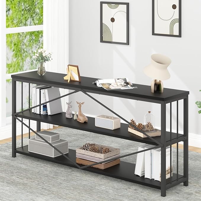 IBF 63" Black Low Horizontal Bookcase, Modern Long Wood Metal 3 Tier Book Shelf, Farmhouse Vintage Big open sturdy Bookshelf, Simple Large Wide Etagere for home living room office bedroom, Black Oak - LeafyLoom