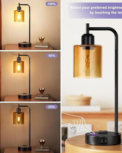Industrial Touch Nightstand Lamps for Bedrooms Set of 2 - 3-Way Dimmable Table Lamps with USB C+A Ports and Outlet, Bedside Lamps with Amber Glass Shade for Living Room, Desk Lamps for Home Office - LeafyLoom