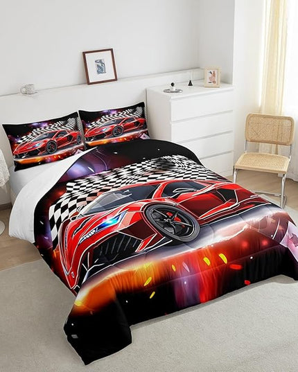 Feelyou Speed Sports Car Comforter Set Queen Size Extreme Sports Bedding Set for Kids Boys Girls Decor Red Comforter Microfiber Checkerboard Quilt Set Bedroom Bedclothes… - LeafyLoom