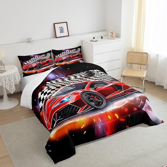 Feelyou Speed Sports Car Comforter Set Queen Size Extreme Sports Bedding Set for Kids Boys Girls Decor Red Comforter Microfiber Checkerboard Quilt Set Bedroom Bedclothes… - LeafyLoom