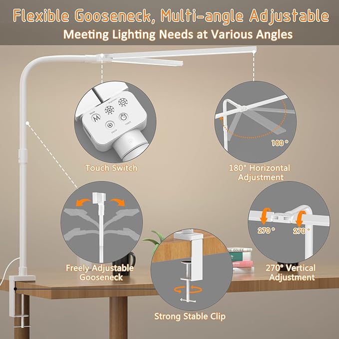 LED Desk Lamp for Home Office- 24W Double Head Desk Light with clamp, 5 Lighting Modes, 11 Brightness Levels, Adjustable Gooseneck Lamp with Timer- White - LeafyLoom