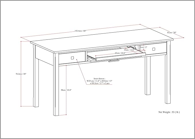 SIMPLIHOME Avalon SOLID WOOD Contemporary 60 Inch Wide Large Desk in Tobacco Brown, For the Office Desk, Writing Table, Workstation and Study Table - LeafyLoom
