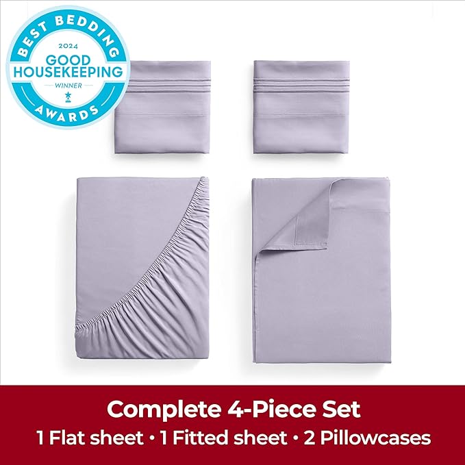 Mellanni Extra Deep Queen Sheets - 4 PC Iconic Collection Bedding Sheets & Pillowcases - Hotel Luxury, Ultra Soft, Cooling Bed Sheets - Extra Deep Pocket up to 21 inch (Queen, Lavender) - LeafyLoom