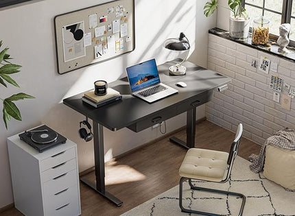 FEZIBO Adjustable Height Electric Standing Desk with Double Drawer, 48 x 24 Inches Stand Up Home Office Desk with Splice Tabletop, Black Frame/Black Top - LeafyLoom