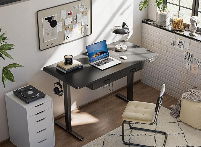 FEZIBO Adjustable Height Electric Standing Desk with Double Drawer, 48 x 24 Inches Stand Up Home Office Desk with Splice Tabletop, Black Frame/Black Top - LeafyLoom