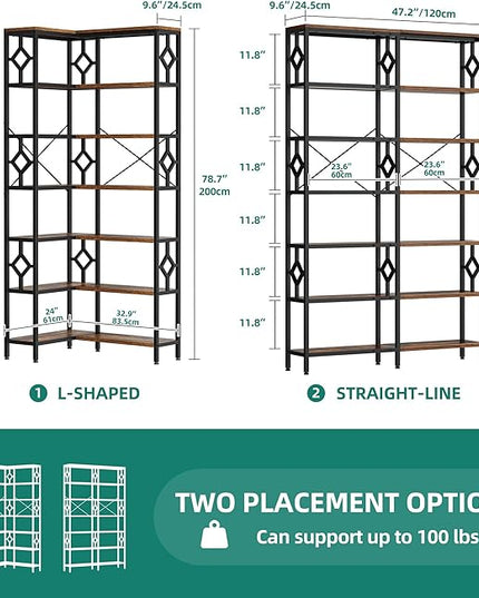 YITAHOME 7 Tier Corner Bookshelf Reversible Bookcase, Tall Bookshelf Display Rack Shelf with Metal Frame for Living Room, Bedroom, Home Office, Rustic Brown - LeafyLoom