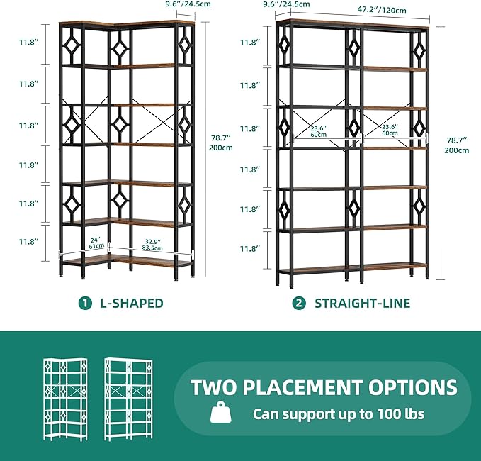 YITAHOME 7 Tier Corner Bookshelf Reversible Bookcase, Tall Bookshelf Display Rack Shelf with Metal Frame for Living Room, Bedroom, Home Office, Rustic Brown - LeafyLoom