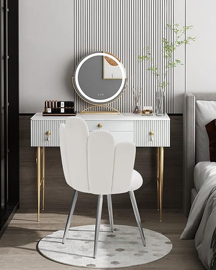 Vanity Chair for Makeup Room - Midcentury Modern Accent Chair for Living Room Bedroom, Velvet Chair with Back Support and Metal Legs (White) - LeafyLoom