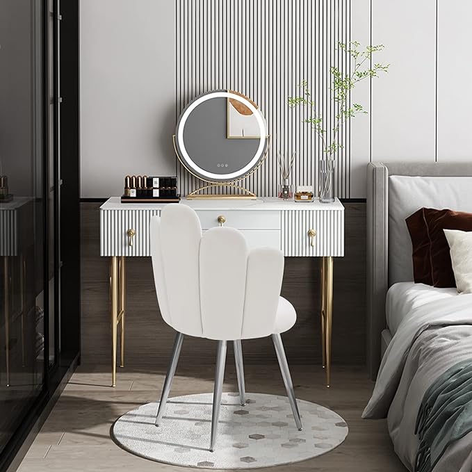 Vanity Chair for Makeup Room - Midcentury Modern Accent Chair for Living Room Bedroom, Velvet Chair with Back Support and Metal Legs (White) - LeafyLoom