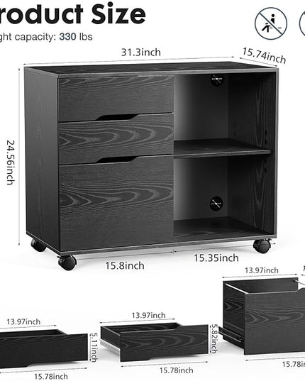 OLIXIS 3 Drawer File Cabinet Lateral Printer Stand with Adjustable Storage Shelves for Home Office Small Space, Black - LeafyLoom