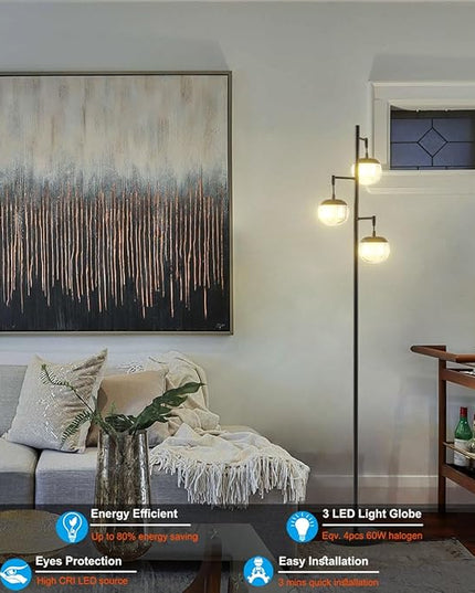 Modern 3 Globe Black Floor Lamps with Acrylic Crystal Sphere Shade and 3000K LED Bulbs Included, Mid Century Standing Lamp, Farmhouse Vintage Tall Lamp for Living Room Bedroom Office - LeafyLoom